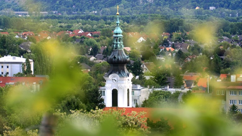 Kirche, © Gemeinde Langenzersdorf Kirchturm mit grüner Kuppel in einer Stadtlandschaft, umgeben von Bäumen und Häusern.