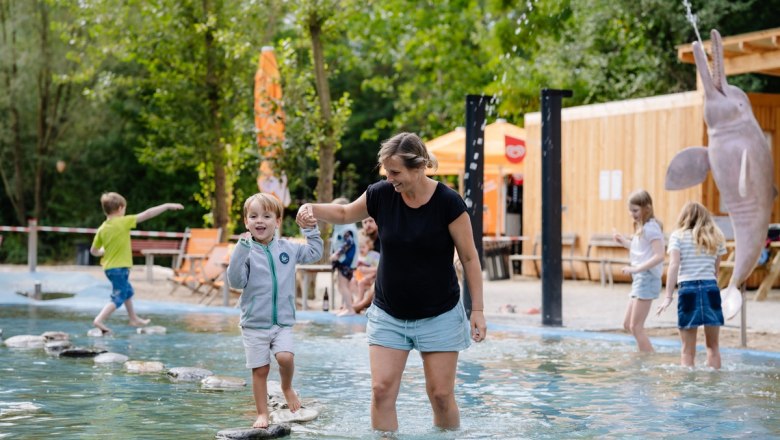 Einzigartige Erlebnisse, © Fossilienwelt Eine Frau hält die Hand eines kleinen Jungen, während sie über Steine in einem flachen Wasserbecken gehen. Im Hintergrund spielen weitere Kinder.