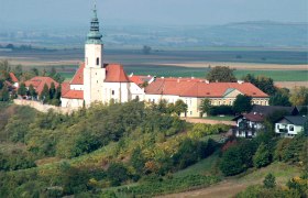 Luftbild der Pfarrkirche St. Agatha auf einem H&uuml;gel mit umliegenden Geb&auml;uden und Landschaft.