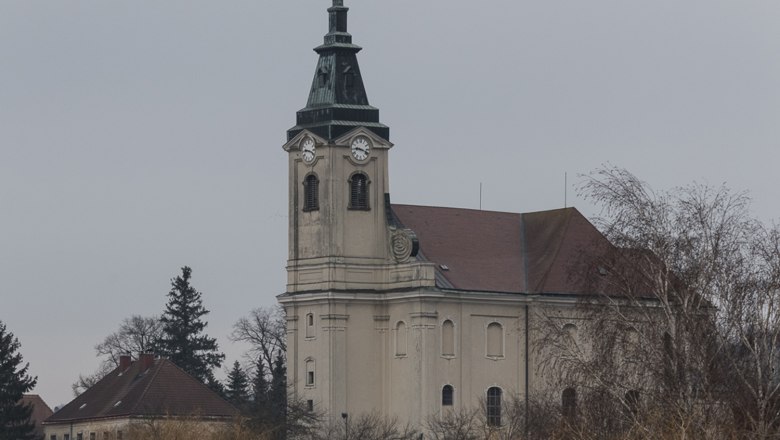 Kirche in Niederhollabrunn mit Turm und Uhr, umgeben von B&auml;umen.