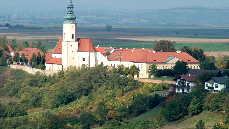 Luftbild der Pfarrkirche St. Agatha auf einem H&uuml;gel mit umliegenden Geb&auml;uden und Landschaft.