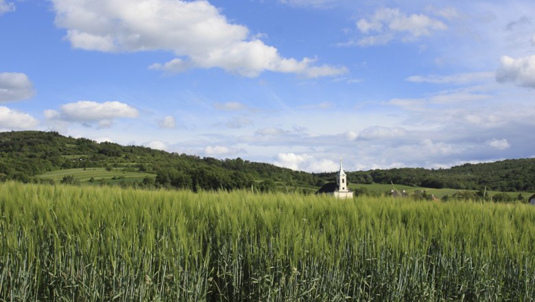 Landschaft mit gr&uuml;nem Feld, Kirche im Hintergrund und blauem Himmel mit Wolken.